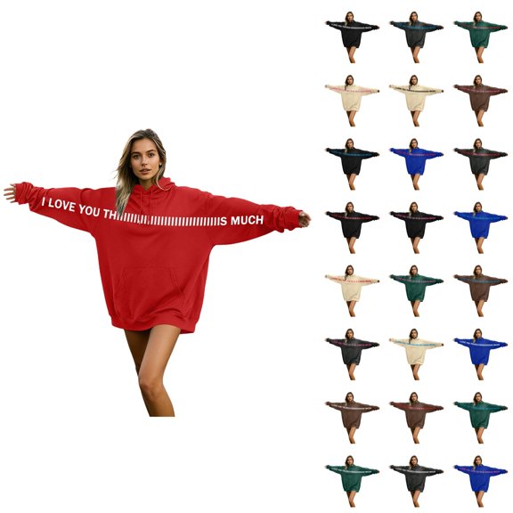 Men Women Oversized Hoodies 2026 Trendy Long Sleeve I Love You This Much Valentines Sweatshirt with Pockets for Couples