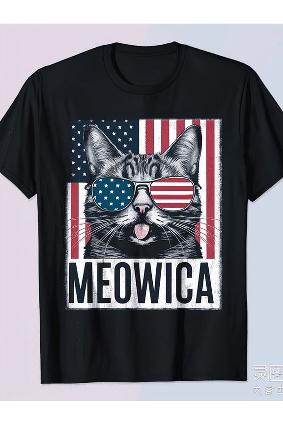 Men Women Patriotic Cat Meowica Merica T-Shirt, American Flag 4th of July 220G Cotton Lightweight Short Sleeve Holiday Statement Top