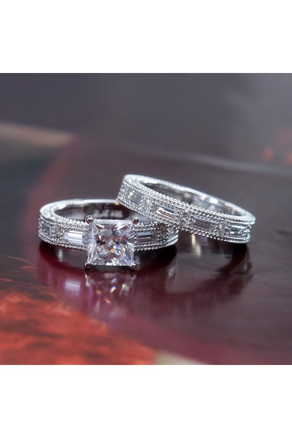 Men Women Platinum Plated Sterling Silver 1.5ct Princess CZ Vintage Engagement Ring Bridal Set ( Size 5 to 9 ), 6