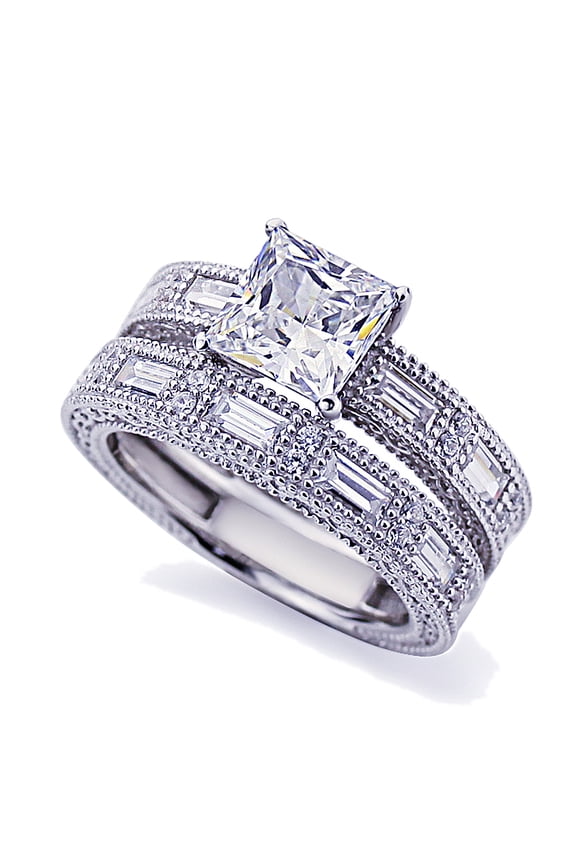 Men Women Platinum Plated Sterling Silver 1.5ct Princess CZ Vintage Engagement Ring Bridal Set ( Size 5 to 9 )