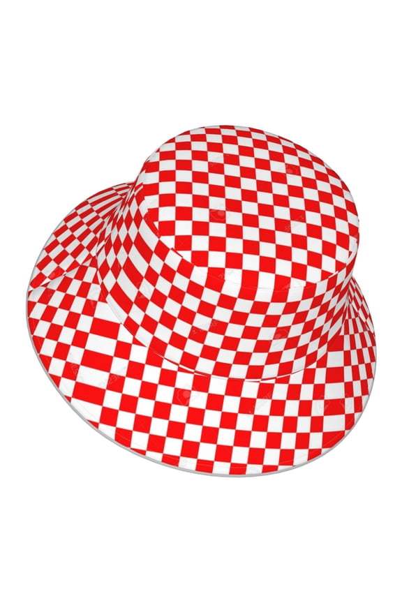 Men Women Red Checkerboard Pattern Reflective Bucket Hat Reversible Runner Cap Visor Hat