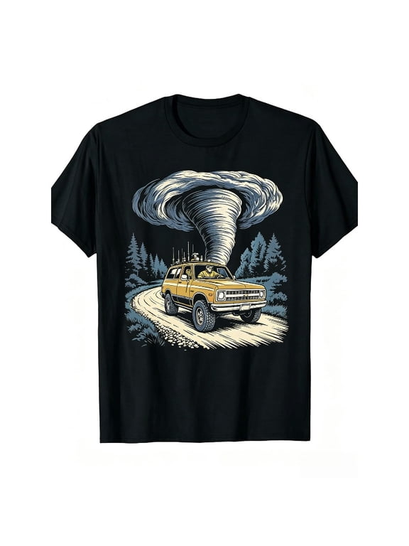 Men Women Retro Chaser Graphic T-Shirt, Tornado Hunter Off-Road Vehicle Nature Weather Lover Short Sleeve Casual Daily Tee