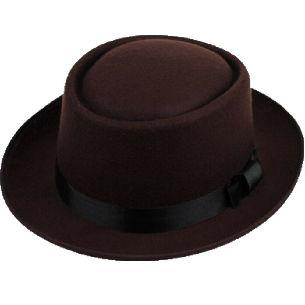 Men Women Retro Wide Brim Boater Flat Top Hats Fedora Hat Classic Pork