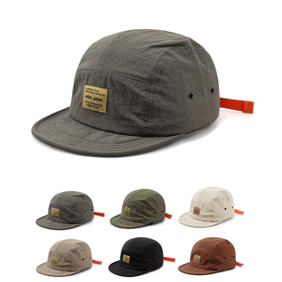 Men Women Short Brim Flat Brim Adjustable Cap, Japanese Streetwear 5 Panel Baseball Cap, Quick Dry Polyester Structured Snapback Hat for Street Outfits, Lightweight Flat Brim Dad Hat Grey