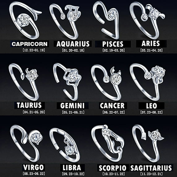 Men Women Silver Plated Constellations Adjustable Opening Ring Birthday Gift Leo,Cancer