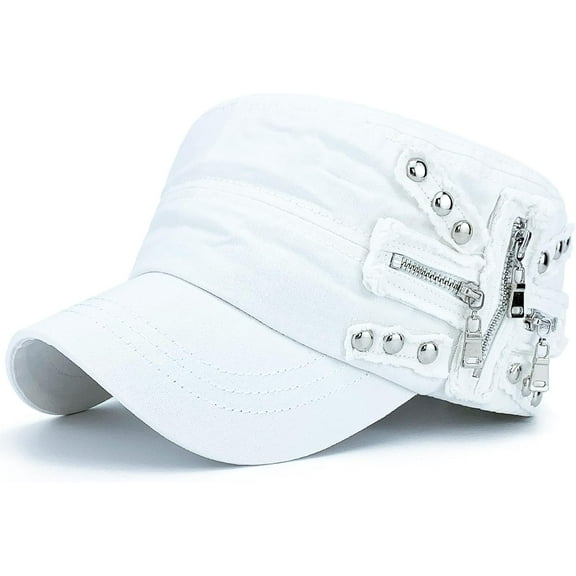 Men Women Soft Washed Cotton Adjustable Flat Top Military Army Hat Cadet Cap Zip Studs Embroidery Patch