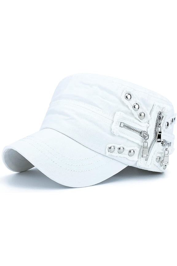 Men Women Soft Washed Cotton Adjustable Flat Top Military Army Hat Cadet Cap Zip Studs Embroidery Patch