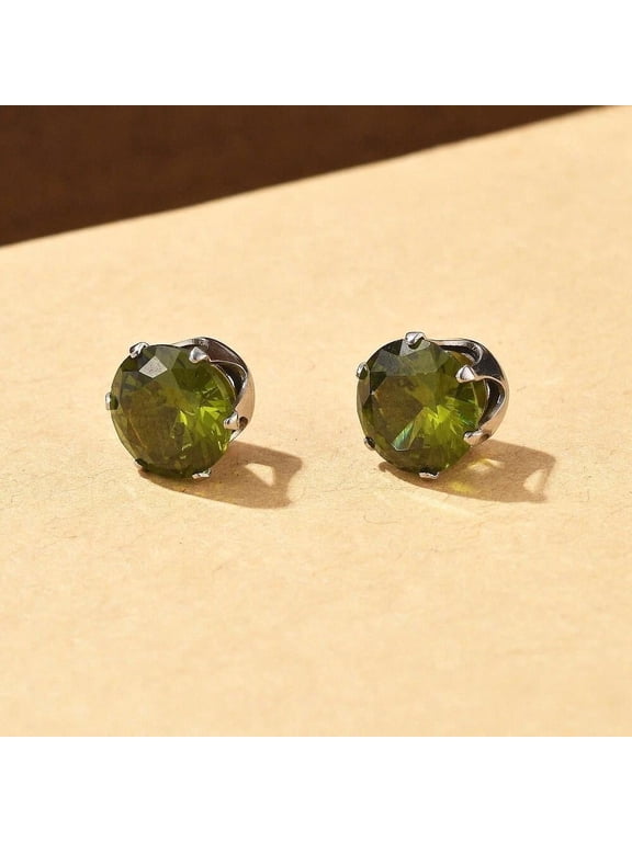Men Women Stainless Steel Strong Olive Green Stud Earrings Non-Piercing Cubic Simulated Zircon E39