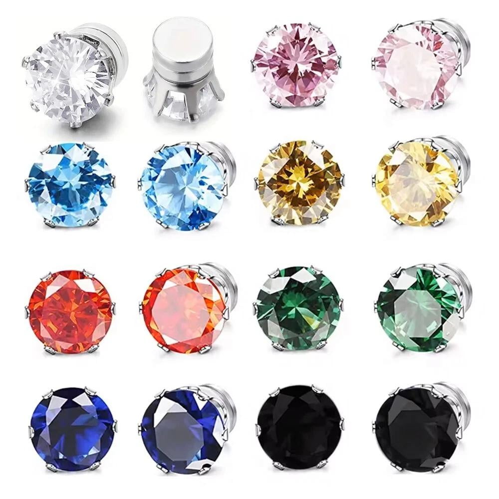 Men Women Stainless Steel Strong Stud Earrings Non-Piercing Cubic Zircon E39