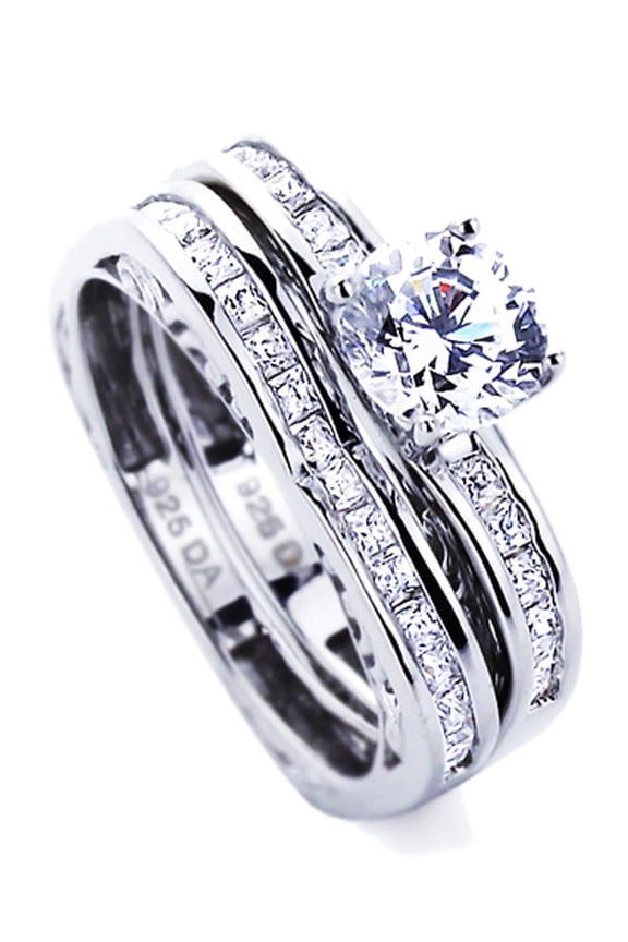 Men Women Sterling Silver 1.2ct Round CZ Wedding Ring Set 2pcs Engagement Ring Bridal Set ( Size 5 to 9 )