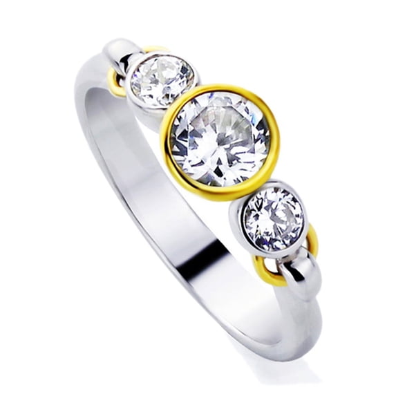 Men Women Sterling Silver 1ct Round CZ 14K Yellow Gold Plated Bezel Three Stone Anniversary Ring ( Size 5 to 7 )