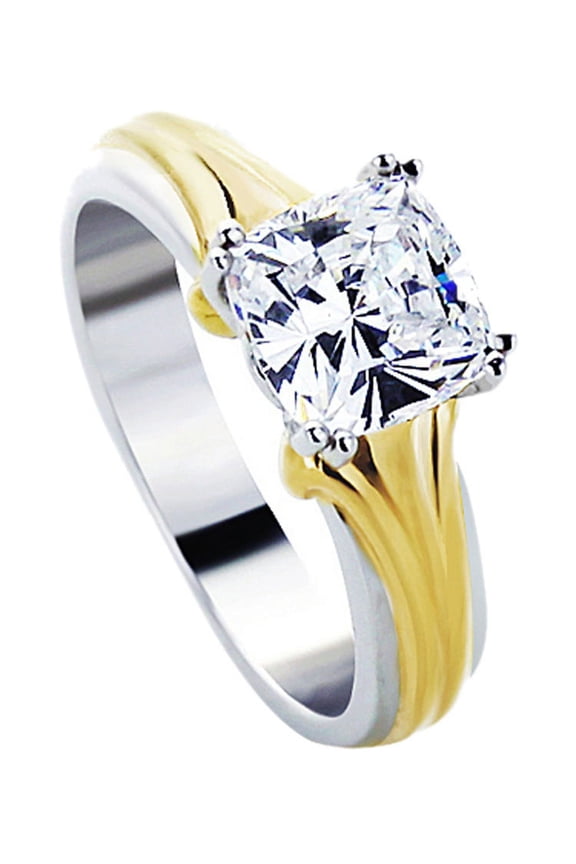 Men Women Sterling Silver 2ct Cushion Cut CZ 14K Yellow Gold Plated Two Tone Engagement Ring ( Size 5 to 7 )
