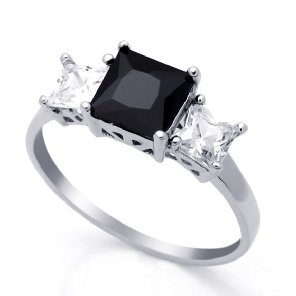 Men Women Sterling Silver Black & White Princess CZ Three Stone Anniversary Ring 7MM ( Size 4 to 10 )