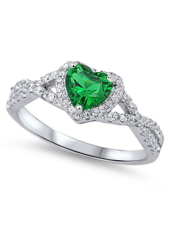 Men Women Sterling Silver Green Heart CZ Solitaire Engagement Ring 8MM ( Size 4 to 12 )