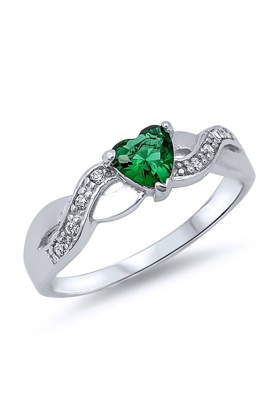 Men Women Sterling Silver Heart Green Color CZ Promise Ring 5MM ( Size 4 to 10 )
