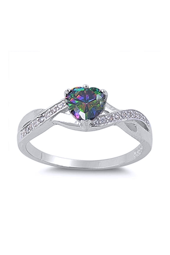 Men Women Sterling Silver Heart Rainbow Mystic Color CZ Promise Ring 5MM ( Size 4 to 10 )