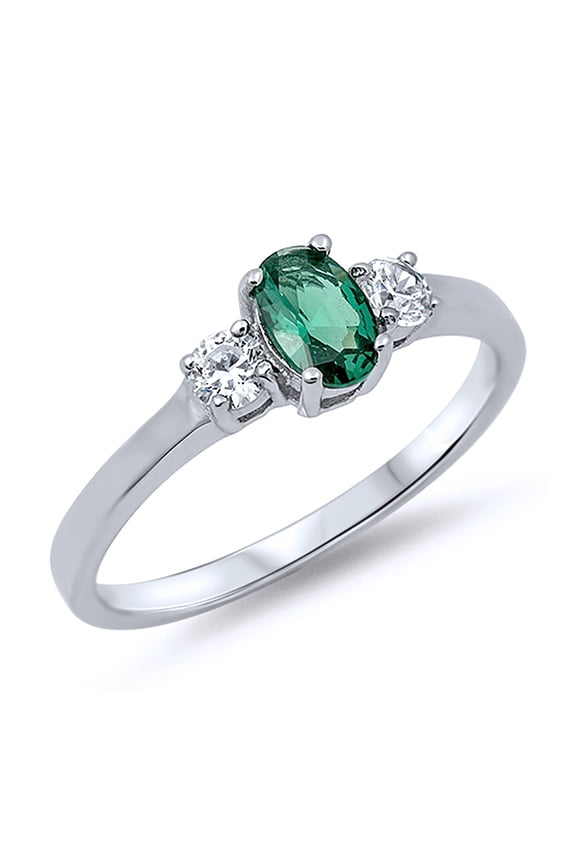 Men Women Sterling Silver Oval Green Color CZ Three Stone Anniversary Ring 6MM ( Size 4 to 12 )