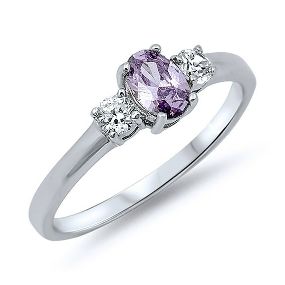 Men Women Sterling Silver Oval Violet Purple Color CZ Three Stone Anniversary Ring 6MM ( Size 4 to 12 )