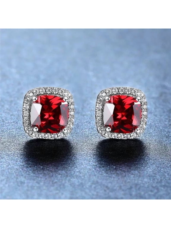 Sterling Silver Plated Red Cubic Zirconia Square Halo Stud Earrings E36