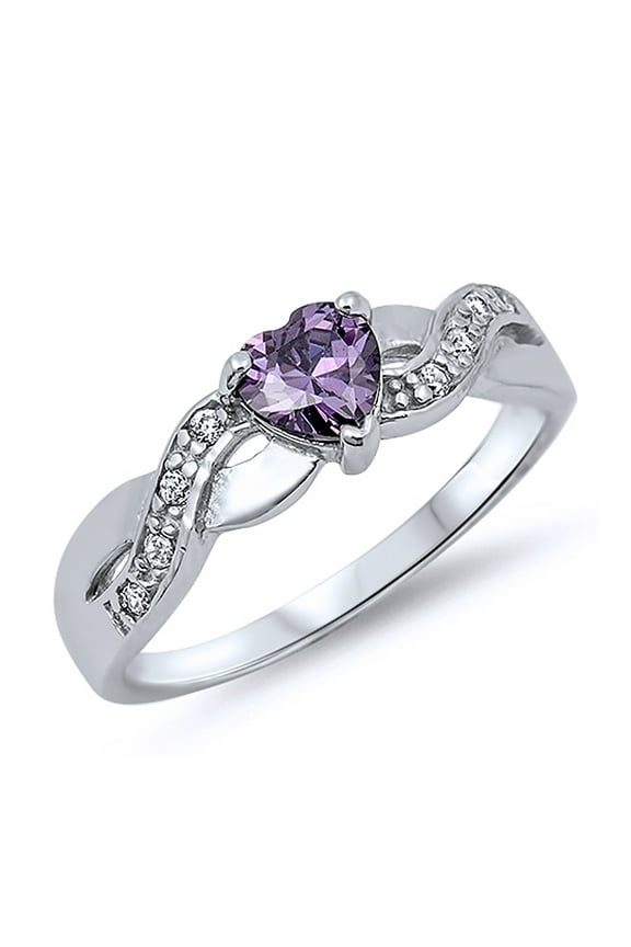 Men Women Sterling Silver Purple CZ Heart Promise Ring 5MM ( Size 4 to 10 )