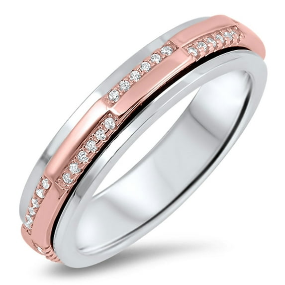 Men Women Sterling Silver Rose & Silver Two Tone CZ Pave Set Design Spinner Ring 5MM ( Size 5 to 12 )