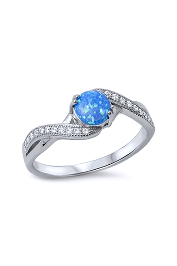 Men Women Sterling Silver Round Blue Simulated Opal Engagement Ring 7MM ( Size 4 to 10 )