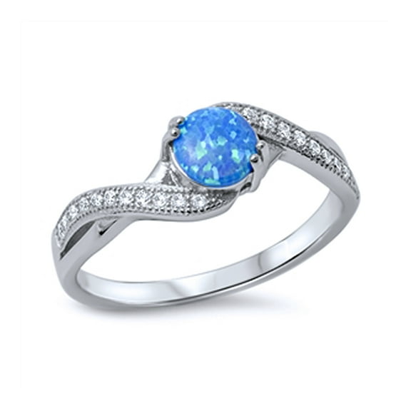 Men Women Sterling Silver Round Blue Simulated Opal Engagement Ring 7MM ( Size 4 to 10 )