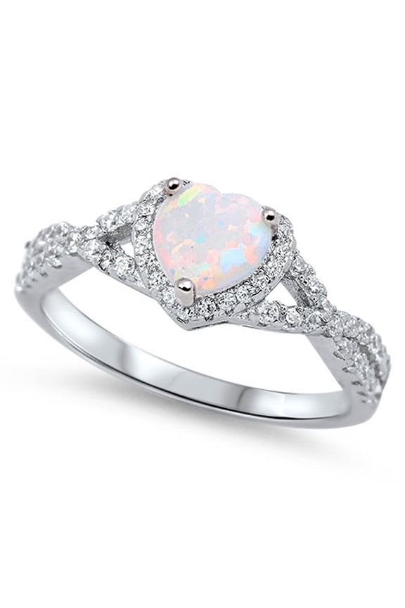 Men Women Sterling Silver Simulated Heart Opal Solitaire Engagement Ring 8MM ( Size 4 to 12 )