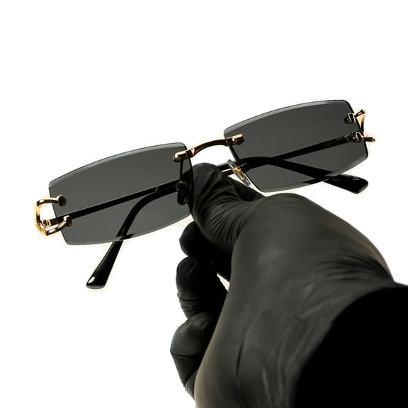 Men Women Stylish Narrow Rimless Black Gradient Tinted Lens Rectangular Gold Frame Shades 90s Rectangular Slim Small Frameless Retro Hip Hop Square Unisex Sunglasses