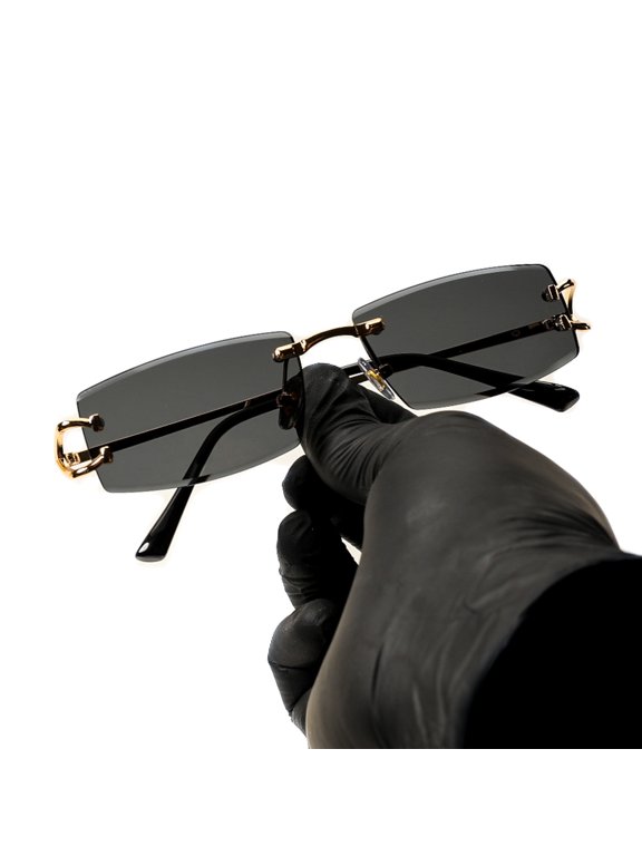 Men Women Stylish Narrow Rimless Black Gradient Tinted Lens Rectangular Gold Frame Shades 90s Rectangular Slim Small Frameless Retro Hip Hop Square Unisex Sunglasses