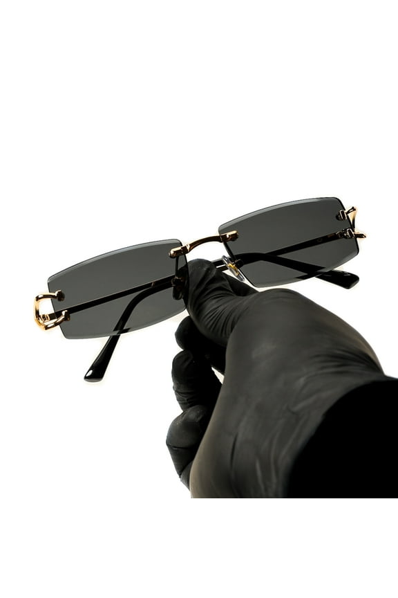 Men Women Stylish Narrow Rimless Black Gradient Tinted Lens Rectangular Gold Frame Shades 90s Rectangular Slim Small Frameless Retro Hip Hop Square Unisex Sunglasses
