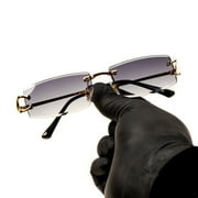 Men Women Stylish Narrow Rimless Purple Gradient Tinted Lens Rectangular Gold Frame Shades 90s Rectangular Slim Small Frameless Retro Hip Hop Square Sunglasses