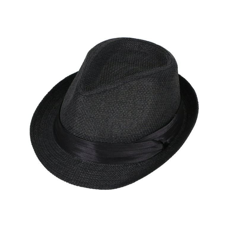 Men Women Summer Short Brim Straw Fedora Hat, 756_Black LXL