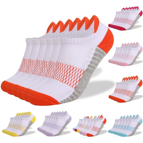 Men Women Sweat-absorbing Breathable and Outdoor Athletic Socks 100%Cotton for Sports Low Cut Non Slip Running Ankle Socks 6 Pairs Orange 6-8(S)