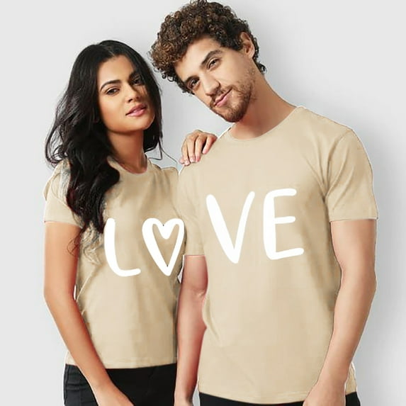 Beige Womens Oversized Tee Shirts, Short Sleeve Dress Shirts for Women, Valentine's Day Polyester Androgynous Clothing, Men And Women With Valentine's Day Love Printed Couple T Shirt Top