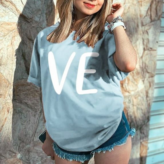 Blue Womens Oversized Tee Shirts, Short Sleeve Dress Shirts for Women, Valentine's Day Polyester Androgynous Clothing, Men And Women With Valentine's Day Love Printed Couple T Shirt Top