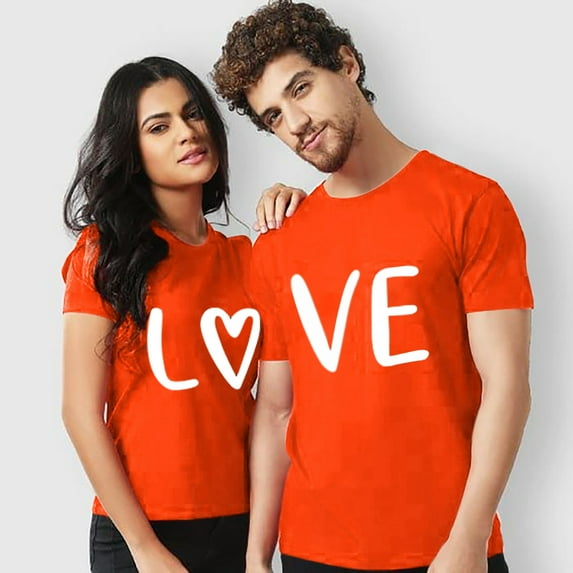 Orange Casual Tops for Women Trendy, Short Sleeve Summer Tops With Sleeves, Valentine's Day Polyester Western Outfit for Women, Men And Women With Valentine's Day Love Printed Couple T Shirt Top