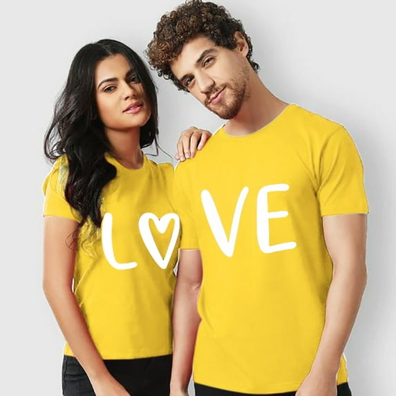 Yellow T Shirts for Women, Short Sleeve Trendy Tops for Women 2024, Valentine's Day Polyester Fashion Womens Clothing 2024, Men And Women With Valentine's Day Love Printed Couple T Shirt Top