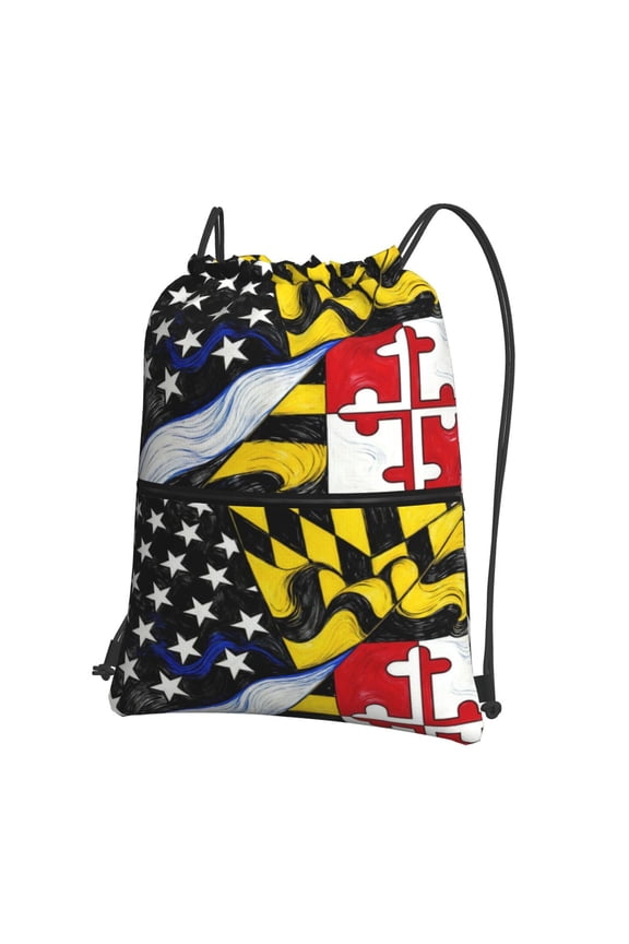 Men Women Thin Blue Line Maryland Flag Sport Gym Water Resistant Sackpack Drawstring Backpack Bag