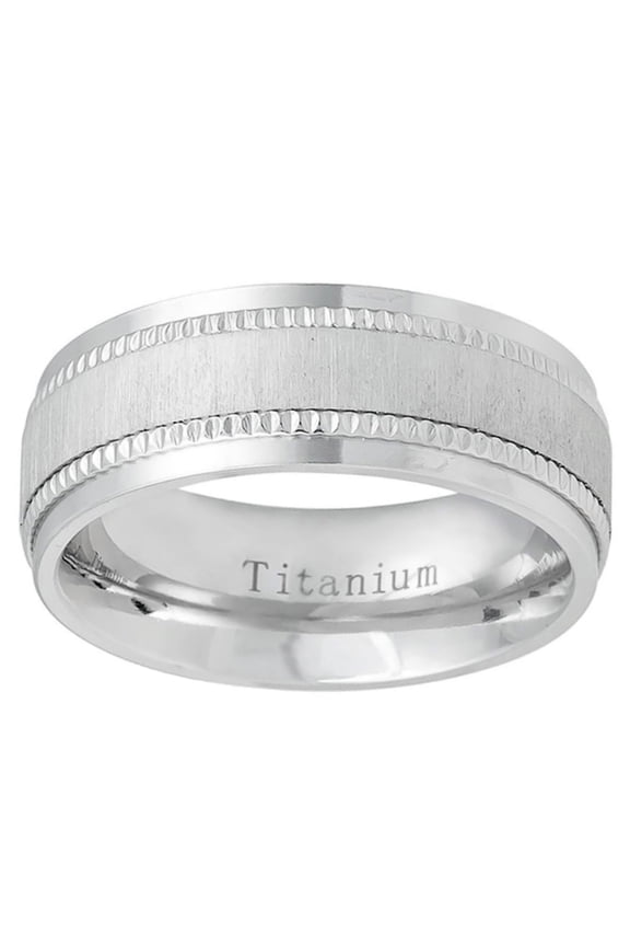 Men Women Titanium Wedding Band Ring 8mm White Satin Finish Center Milgrain Step Edge Ring