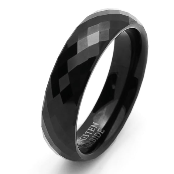 Men Women Tungsten Carbide Wedding Band Ring 6mm Comfort Fit Faceted Domed Black Tungsten Ring