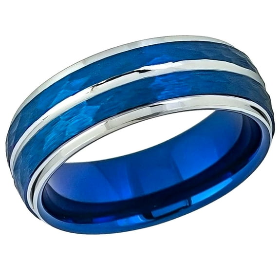 Men Women Tungsten Carbide Wedding Band Ring 8mm Comfort Fit Beveled Edge Hammered Blue Tone Tungsten Ring