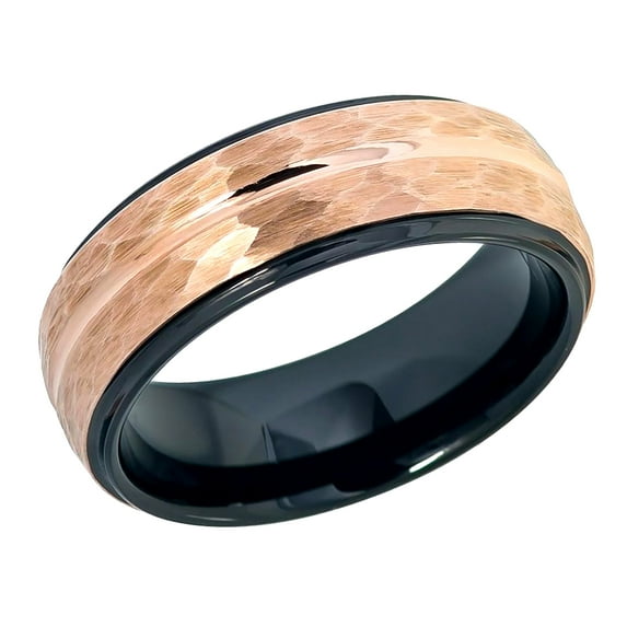 Men Women Tungsten Carbide Wedding Band Ring 8mm Comfort Fit Stepped Edge Hammered Black Inside Rose Tone Tungsten Ring