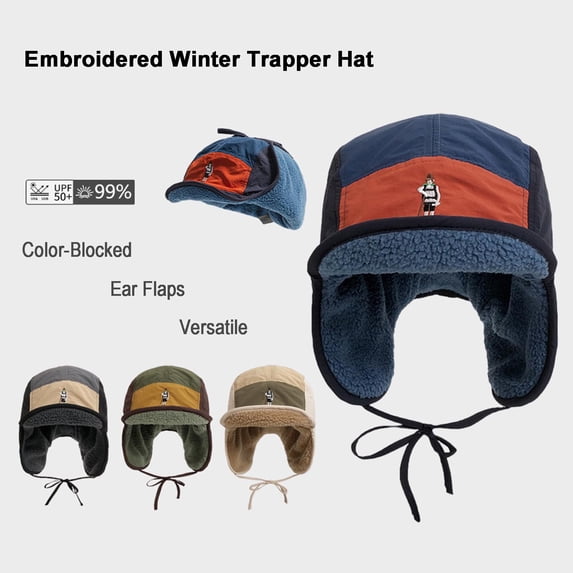 Men Women UPF 50+ Embroidery Fleeced Lining Ear Flap Hat Adjustable Trapper Hat Winter Windproof Warm Hat for Outdoor Activity,Fishing,Hiking,Cycling ,Mountain,Skiing