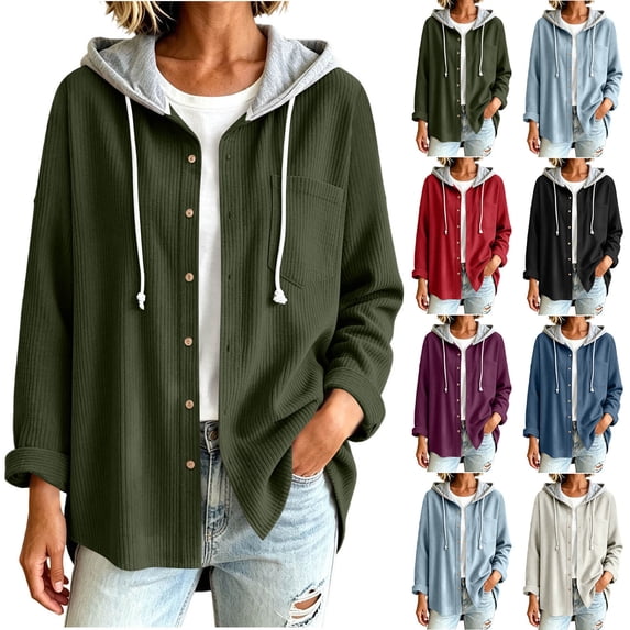 Men Women Waffle Knit Button Up Shacket Hooded Drawstring Layered Shirt Jacket Long Sleeve Casual Oversized Outwear with Chest Pocket Army Green,L