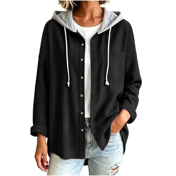 Men Women Waffle Knit Button Up Shacket Hooded Drawstring Layered Shirt Jacket Long Sleeve Casual Oversized Outwear with Chest Pocket Black,S