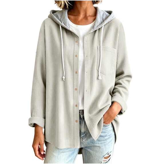 Men Women Waffle Knit Button Up Shacket Hooded Drawstring Layered Shirt Jacket Long Sleeve Casual Oversized Outwear with Chest Pocket Gray,XL