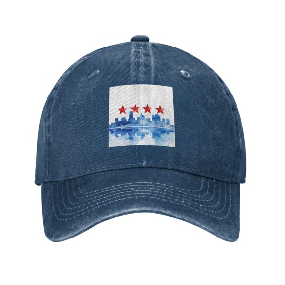 Men Women Washed Twill Baseball Cap Chicagoan City Flag Art Adjustable Dad Hat Navy Blue