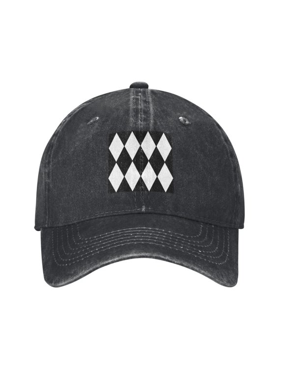Men Women Washed Twill Baseball Cap Harlequin Pattern Adjustable Dad Hat Black