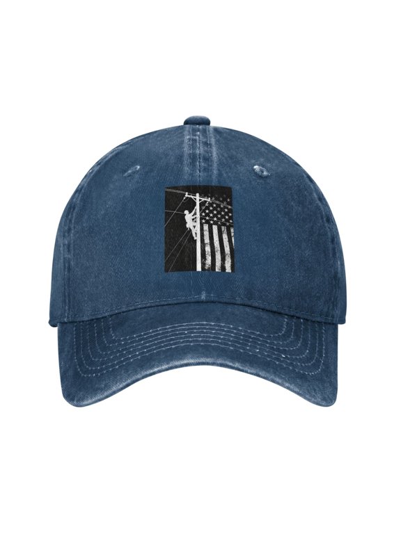 Men Women Washed Twill Baseball Cap Lineman Flag Adjustable Dad Hat Navy Blue
